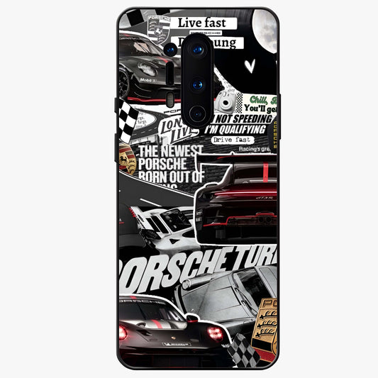 Porsche Racing Collage Glass Case showing flat back view with sports car racing collage artwork and glossy glass finish.