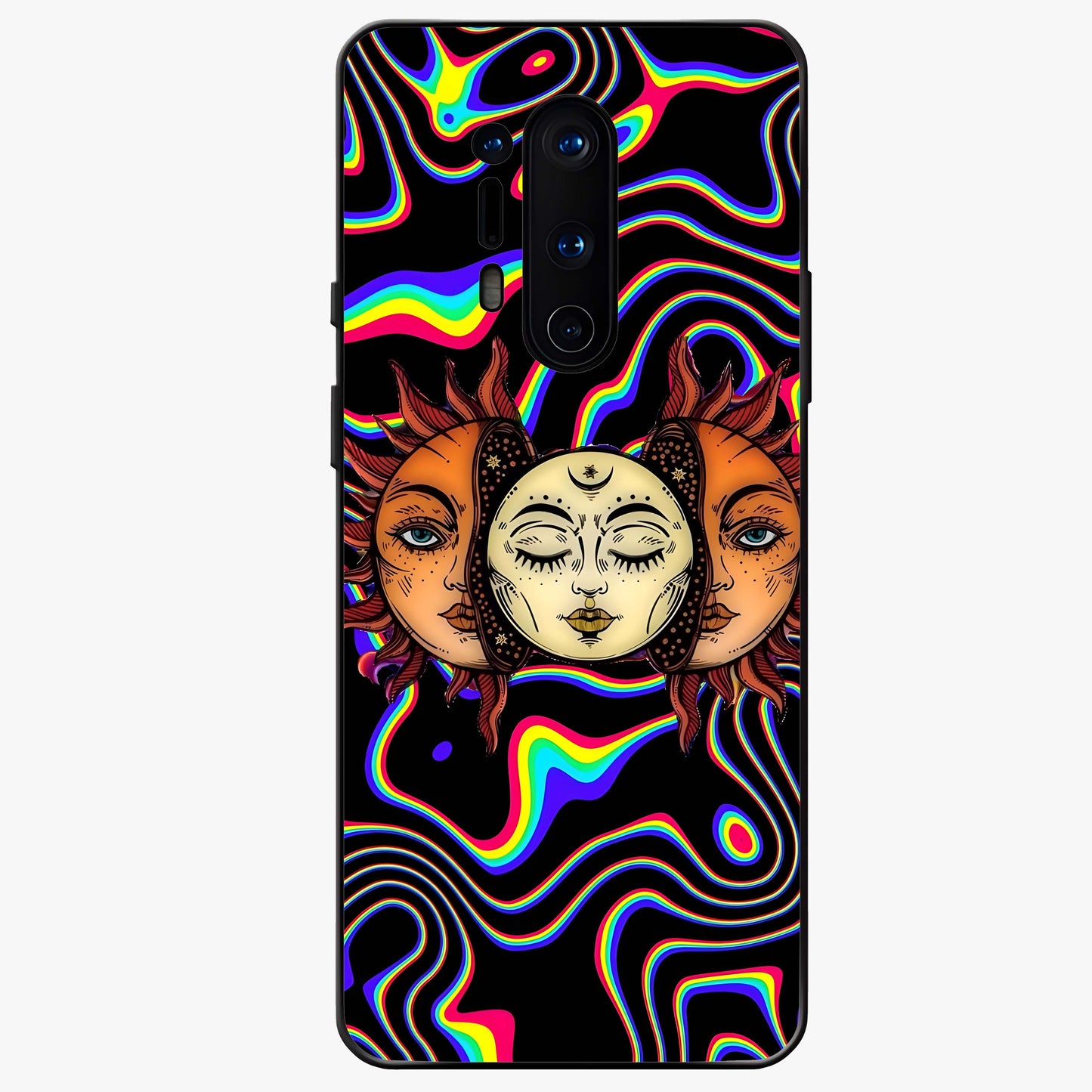 Psychedelic Sun Glass Case showing flat back view with colorful psychedelic sun artwork and glossy glass finish.