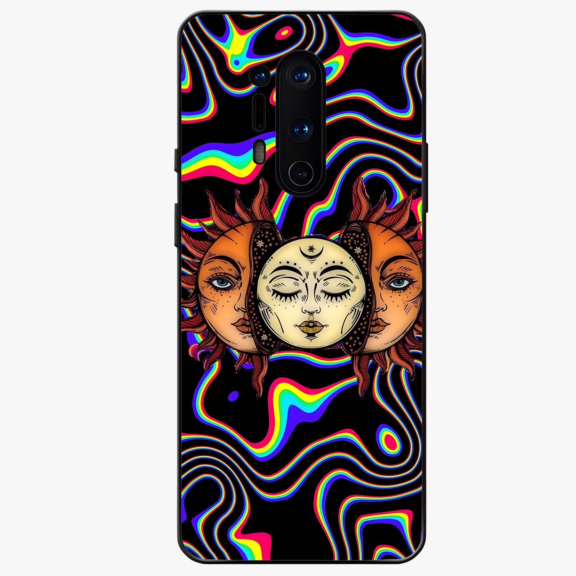 Psychedelic Sun Glass Case showing flat back view with colorful psychedelic sun artwork and glossy glass finish.