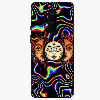 Psychedelic Sun Glass Case showing flat back view with colorful psychedelic sun artwork and glossy glass finish.