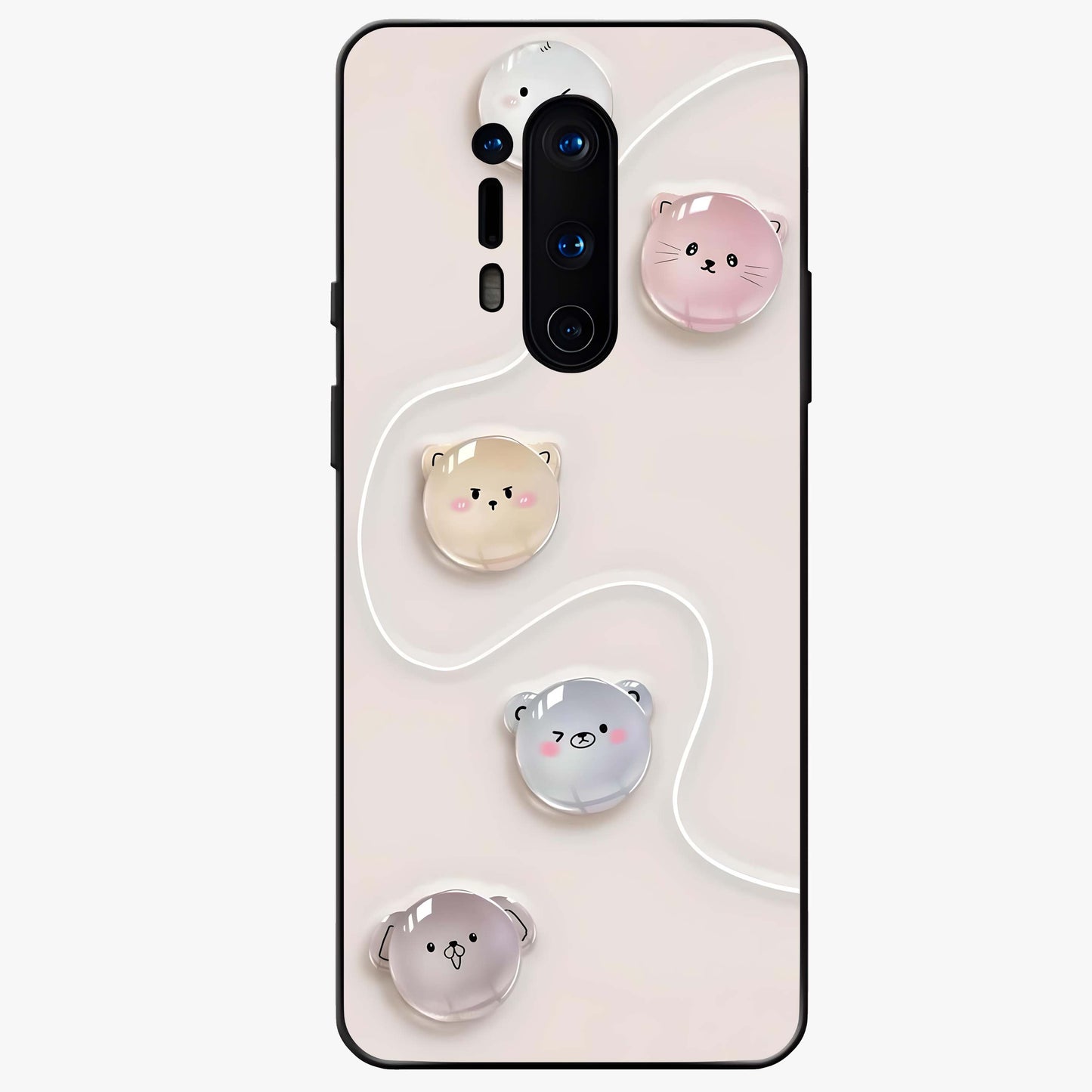 Puffy Face Parade Glass Case showing flat back view with cute puffy character faces artwork and glossy glass finish.