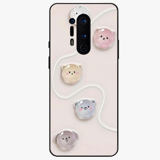 Puffy Face Parade Glass Case showing flat back view with cute puffy character faces artwork and glossy glass finish.