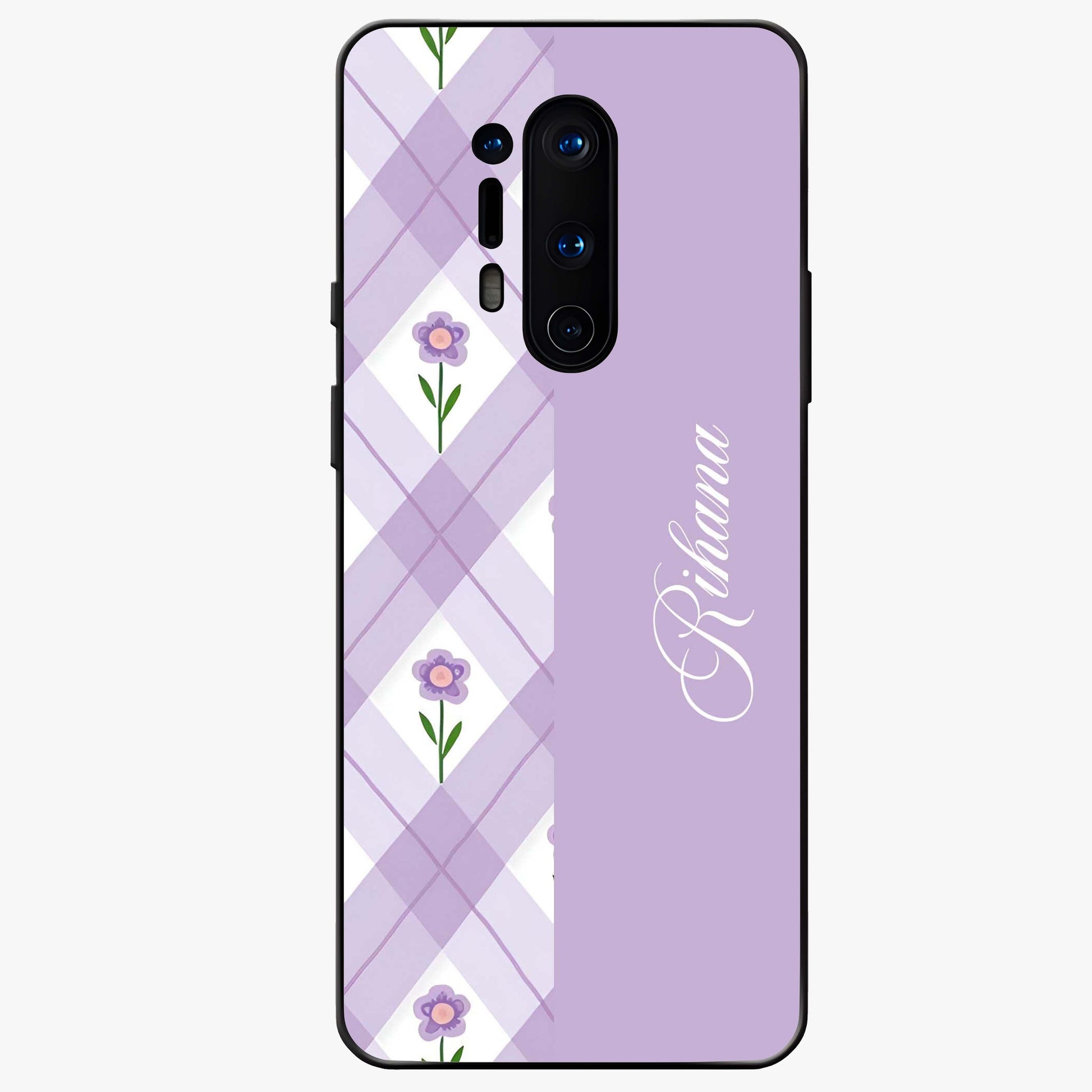 Purple Diamond Floral Glass Case showing flat back view with diamond shaped floral artwork and glossy glass finish.