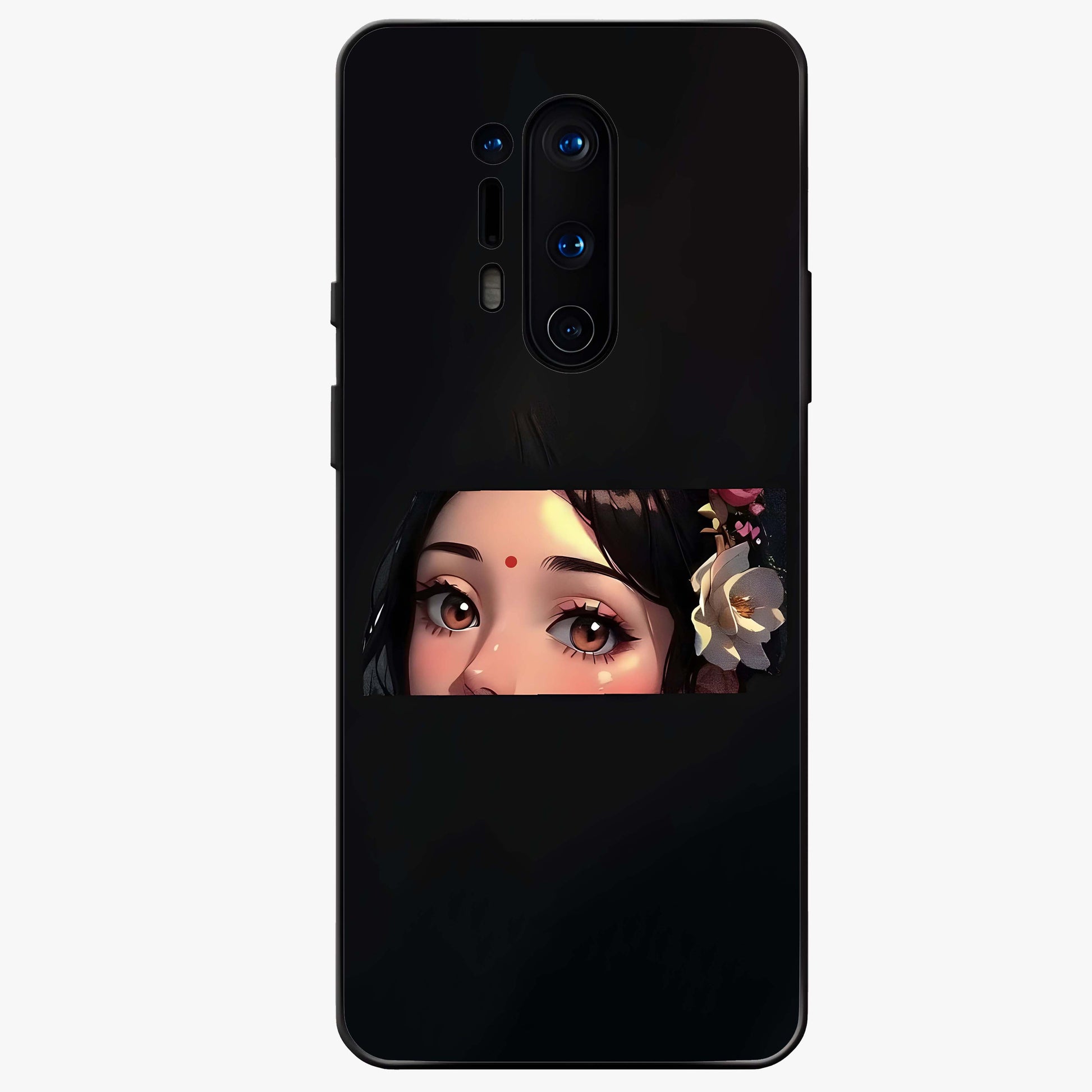 Radha Divine Embrace Glass Case showing flat back view with devotional Radha artwork and glossy glass finish.