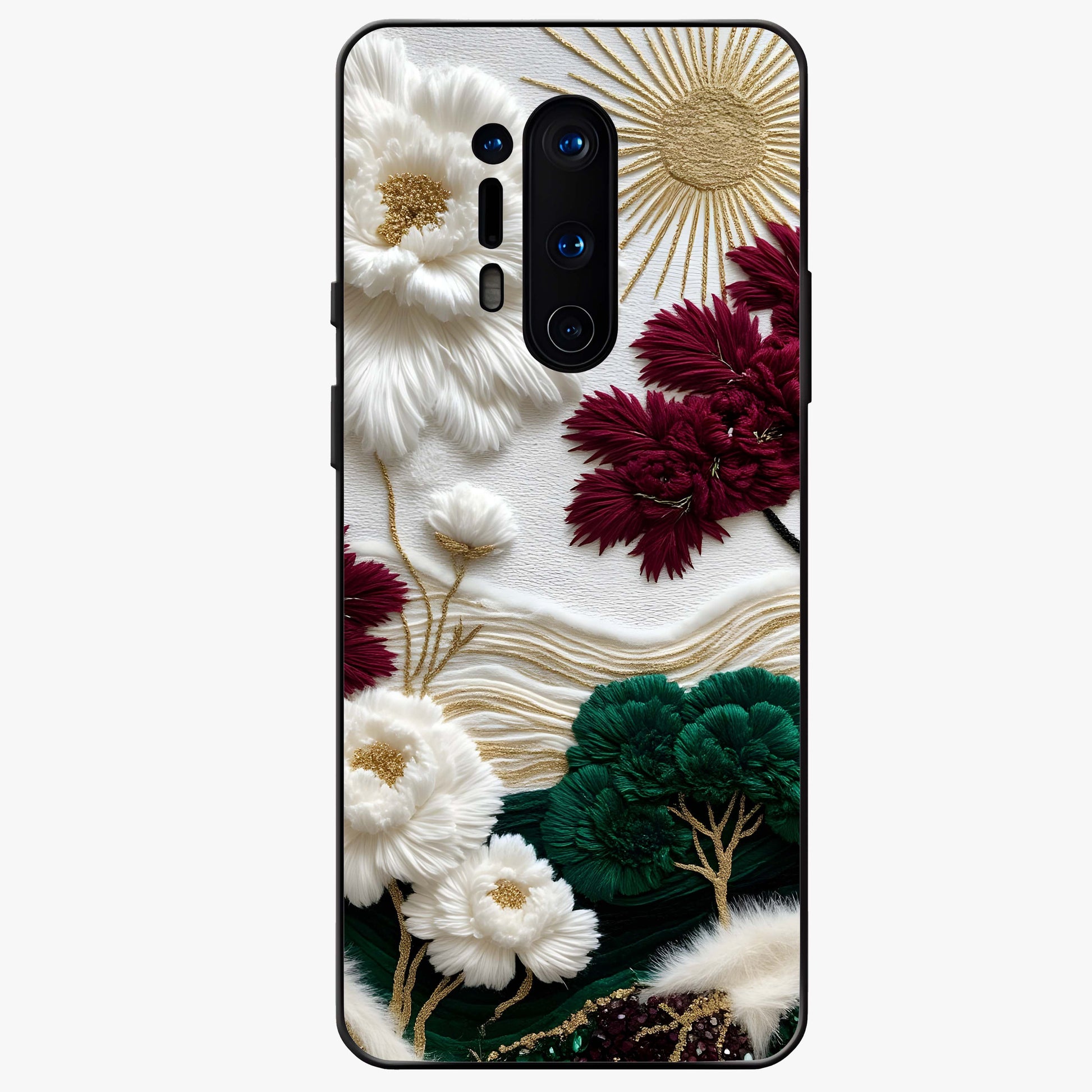 Radiant Bloom Elegance Glass Case showing flat back view with elegant blooming flower artwork and glossy glass finish.