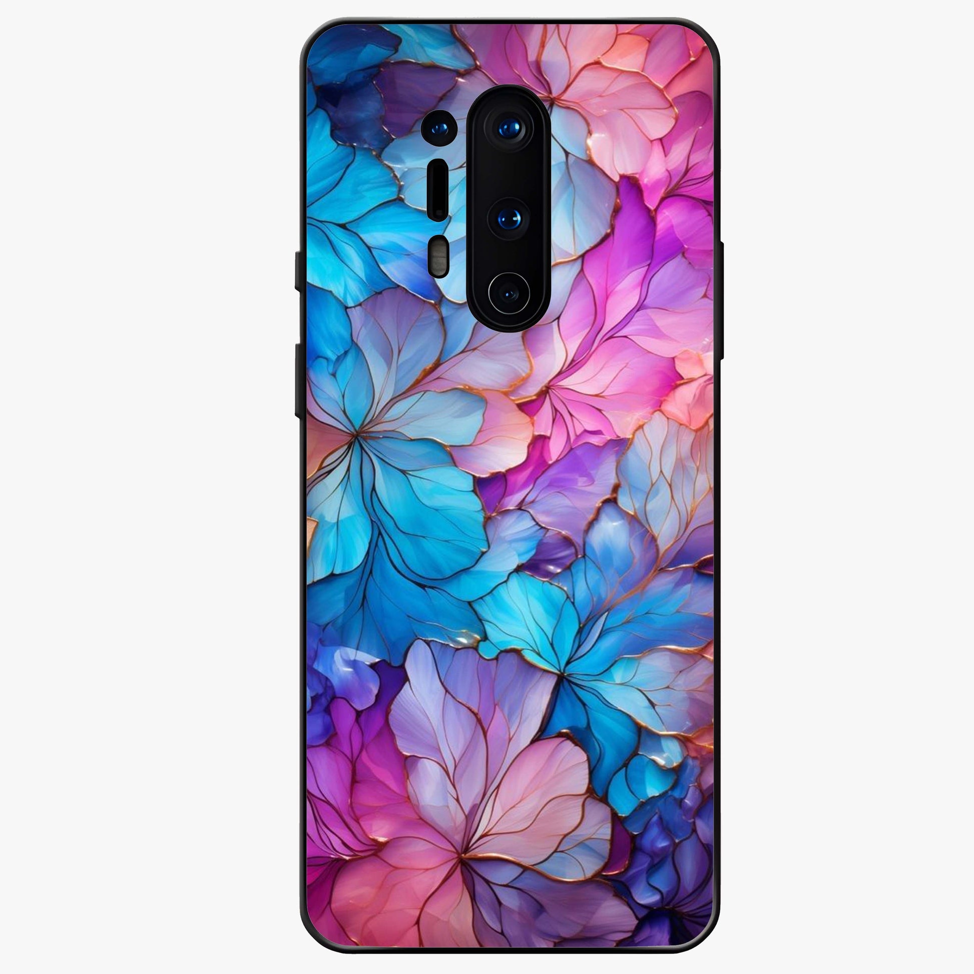 Radiant Floral Whirl Glass Case showing flat back view with swirling floral artwork and glossy glass finish.