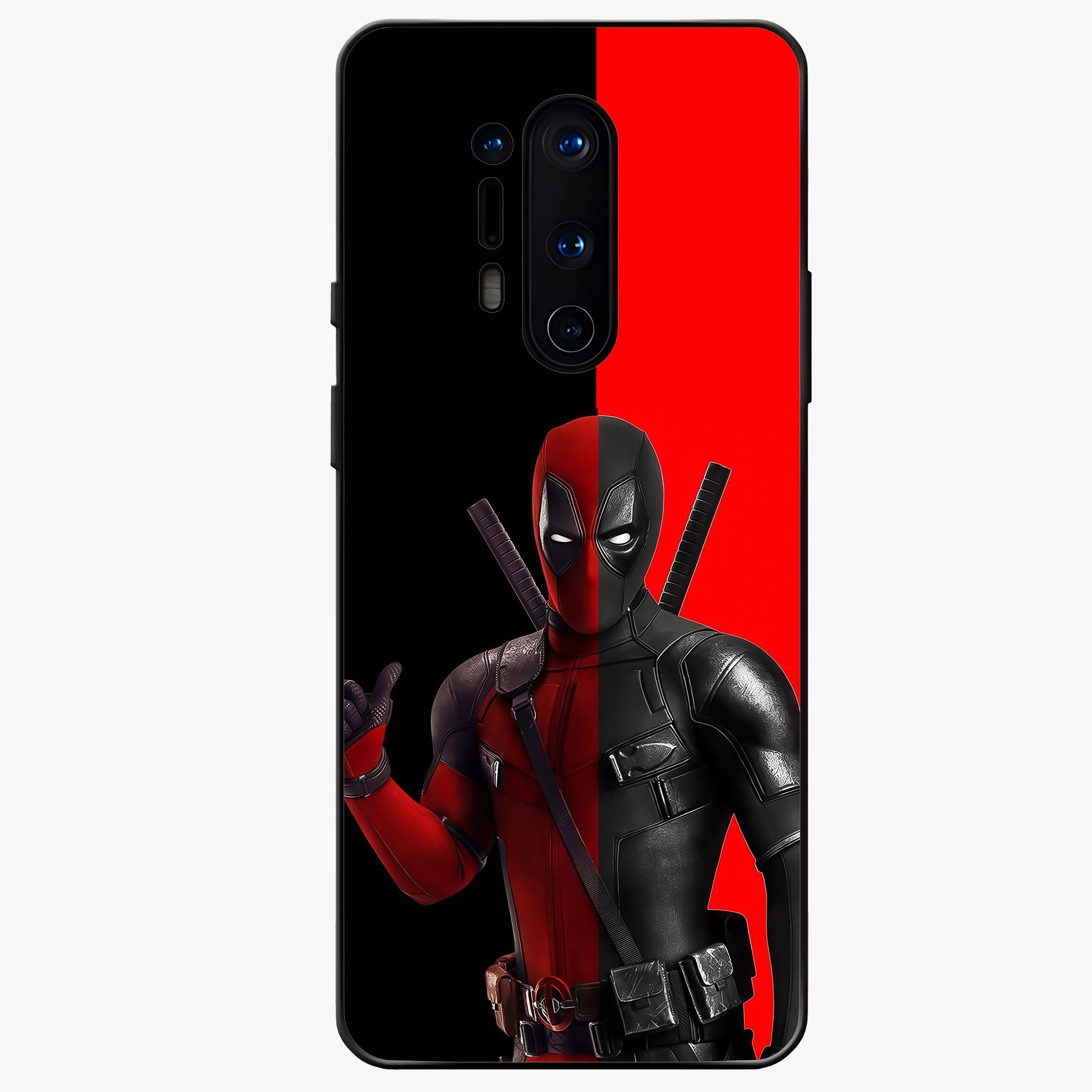 Red & Black Deadpool Theme Glass Case showing flat back view with bold comic inspired artwork and glossy glass finish.