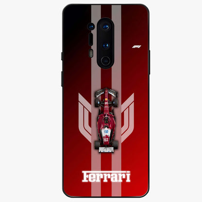 Red Ferrari F1 Vertical Glass Case showing flat back view with sleek Formula racing car artwork and glossy glass finish.