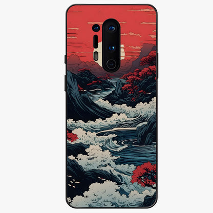 Red Sunset Scenery Glass Case showing flat back view with vibrant sunset landscape artwork and glossy glass finish.