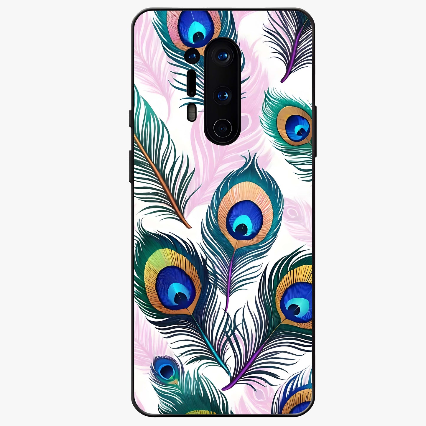 Royal Peacock Feathers Glass Case showing flat back view with colorful peacock feather artwork and glossy glass finish.
