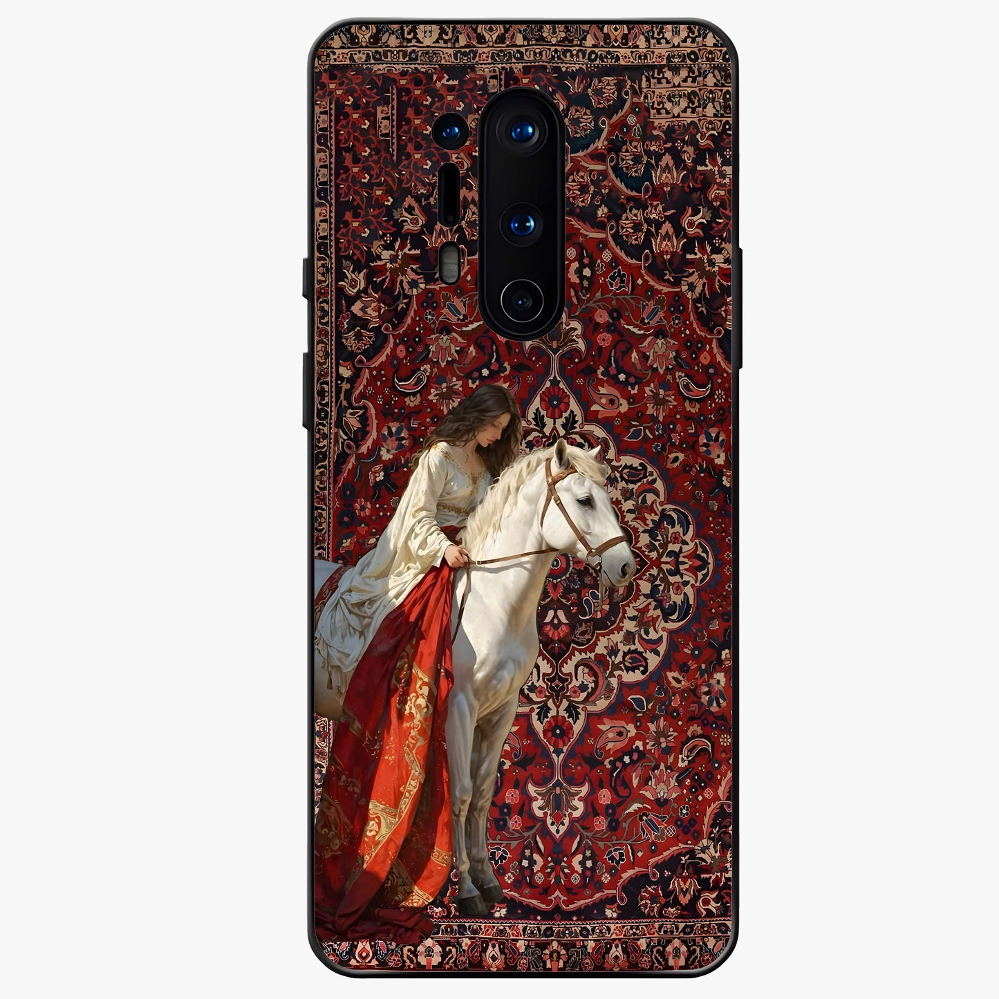 Royal Rider Tapestry Glass Case showing flat back view with majestic horse rider tapestry artwork and glossy glass finish.