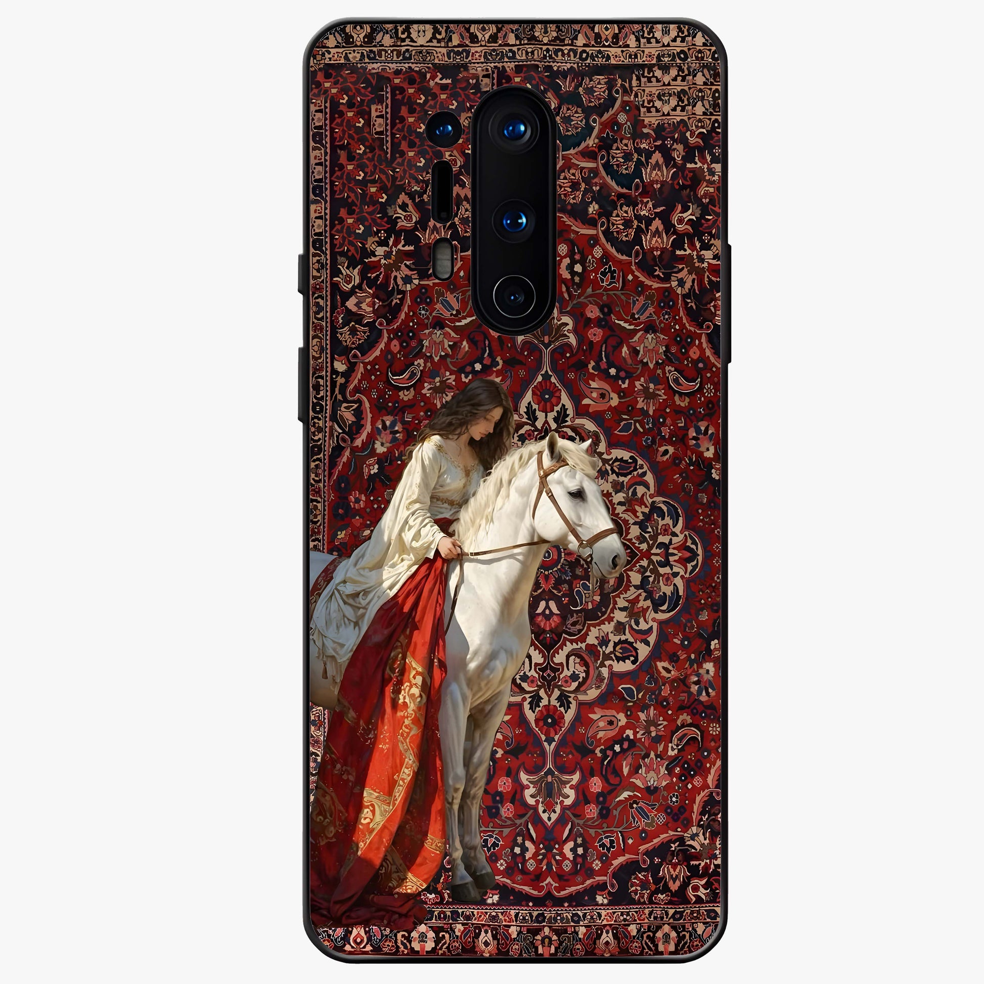 Royal Rider Tapestry Glass Case showing flat back view with majestic horse rider tapestry artwork and glossy glass finish.