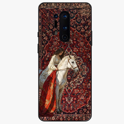 Royal Rider Tapestry Glass Case showing flat back view with majestic horse rider tapestry artwork and glossy glass finish.