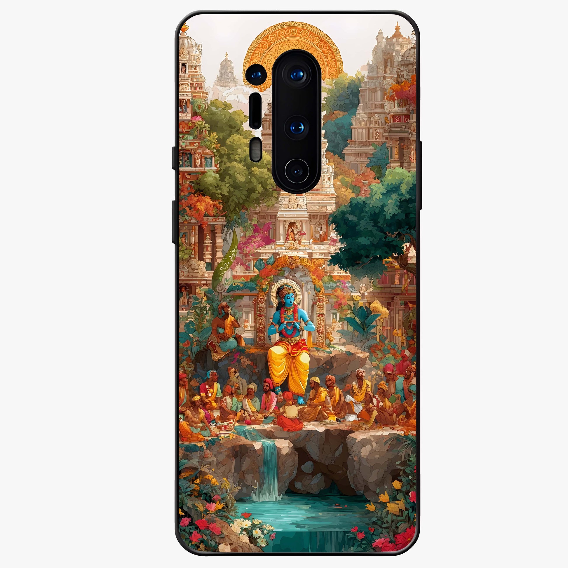 Sacred Sunlight Gods Glass Case showing flat back view with divine sunlight themed artwork and glossy glass finish.