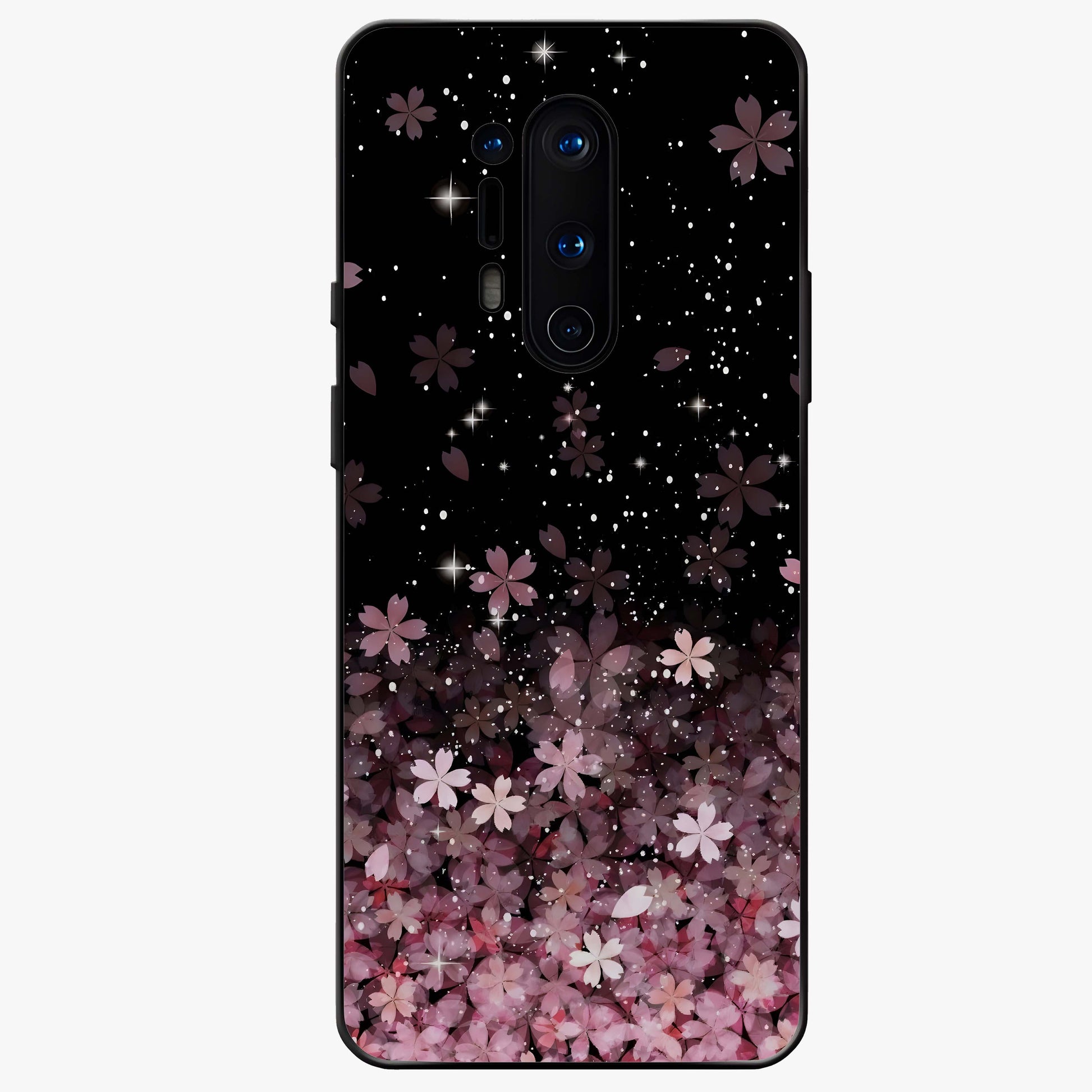 Small Starry Flowers Glass Case showing flat back view with delicate starry floral artwork and glossy glass finish.