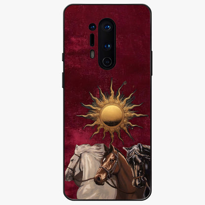 Solar Riders Glass Case showing flat back view with dynamic rider themed artwork and glossy glass finish.
