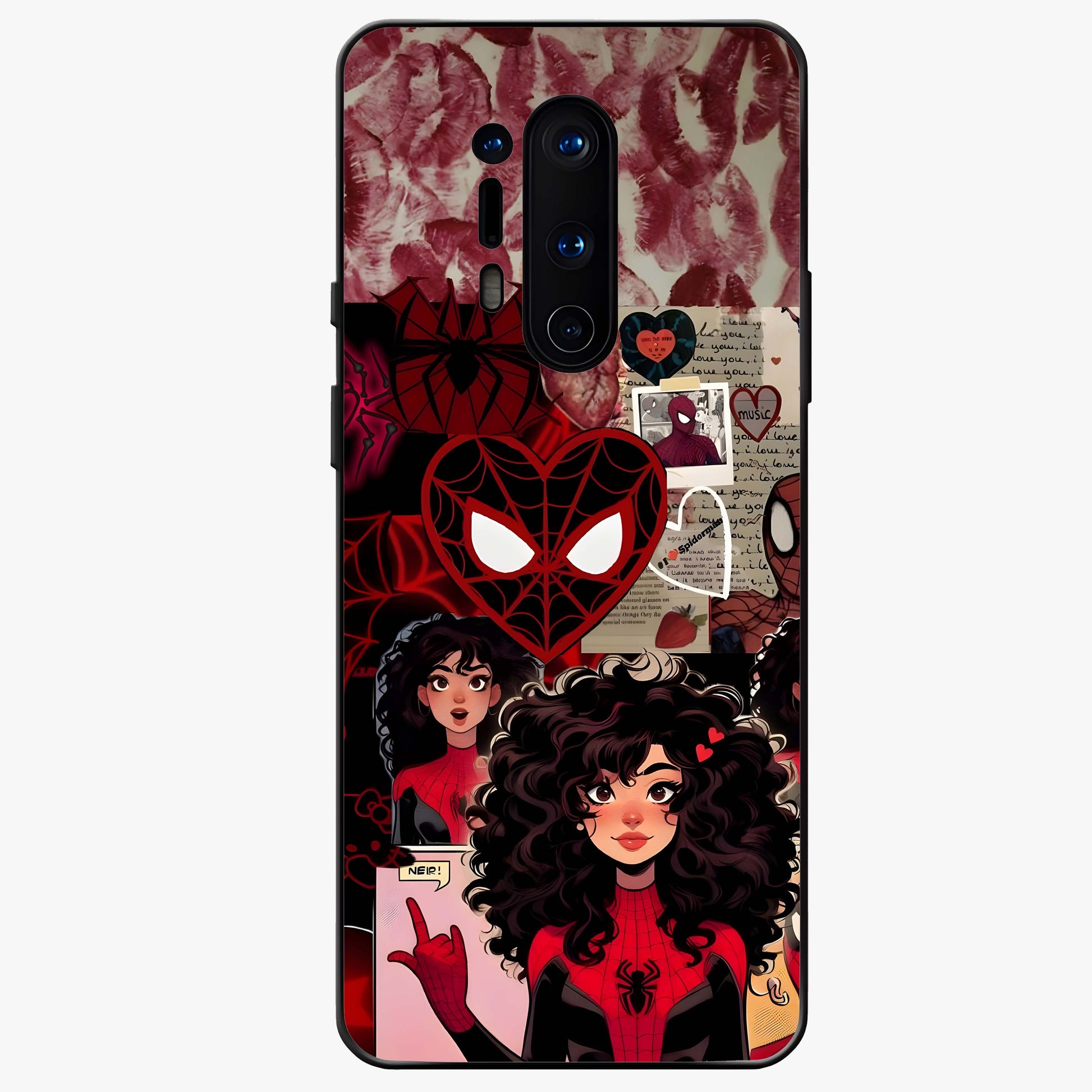 Spider Love Story Glass Case showing flat back view with romantic superhero themed artwork and glossy glass finish.