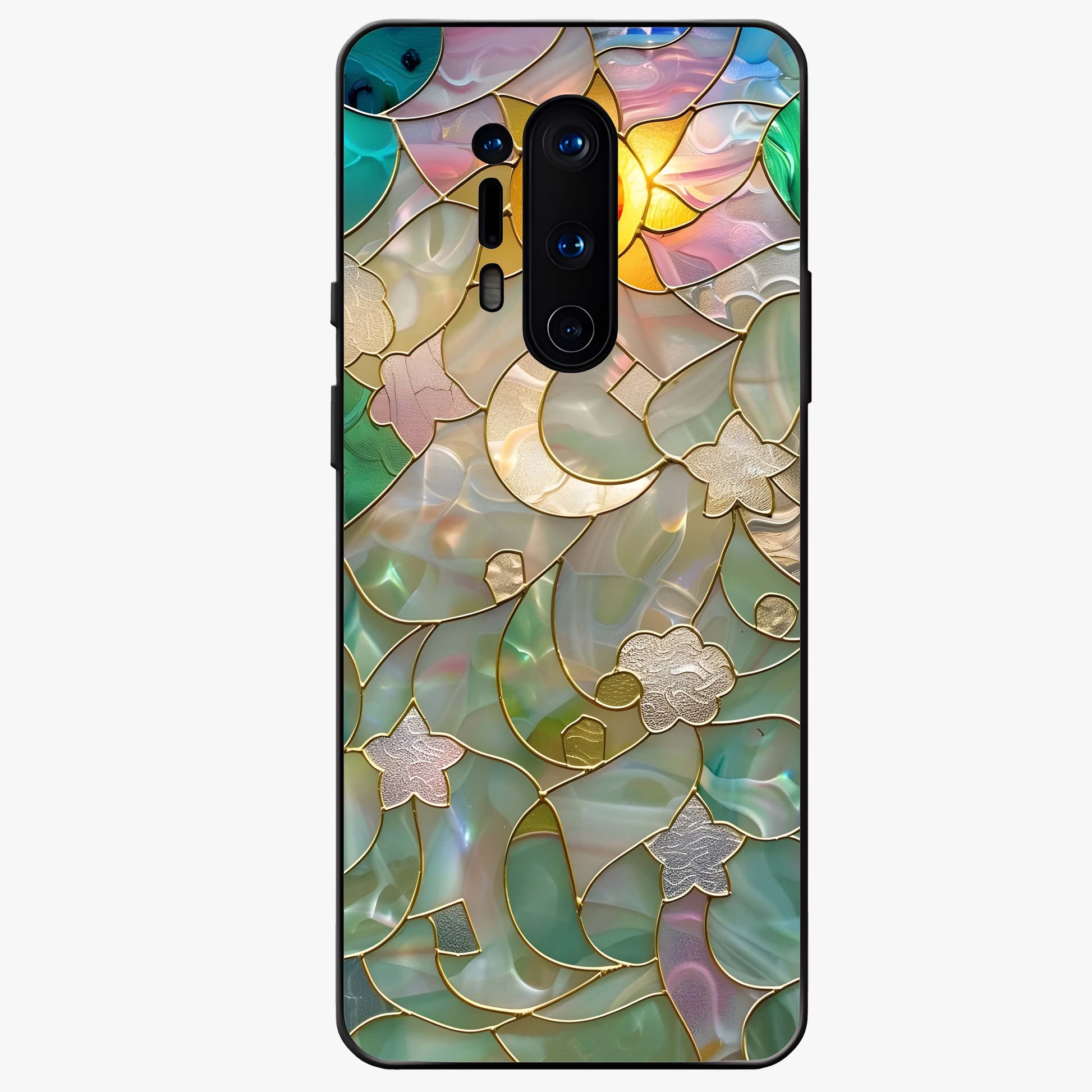 Stained Sunrise Glow Glass Case showing flat back view with glowing sunrise stained pattern artwork and glossy glass finish.