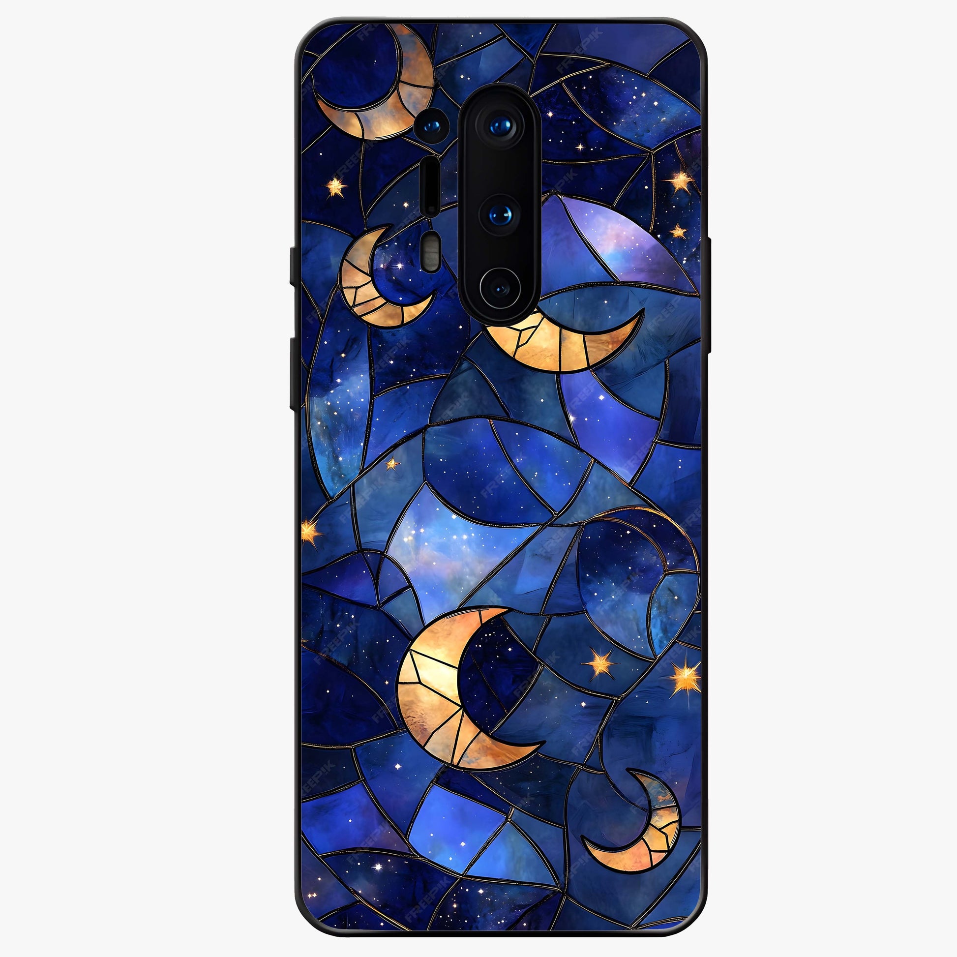 Starlit Sky Tapestry Glass Case showing flat back view with decorative starry sky tapestry artwork and glossy glass finish.