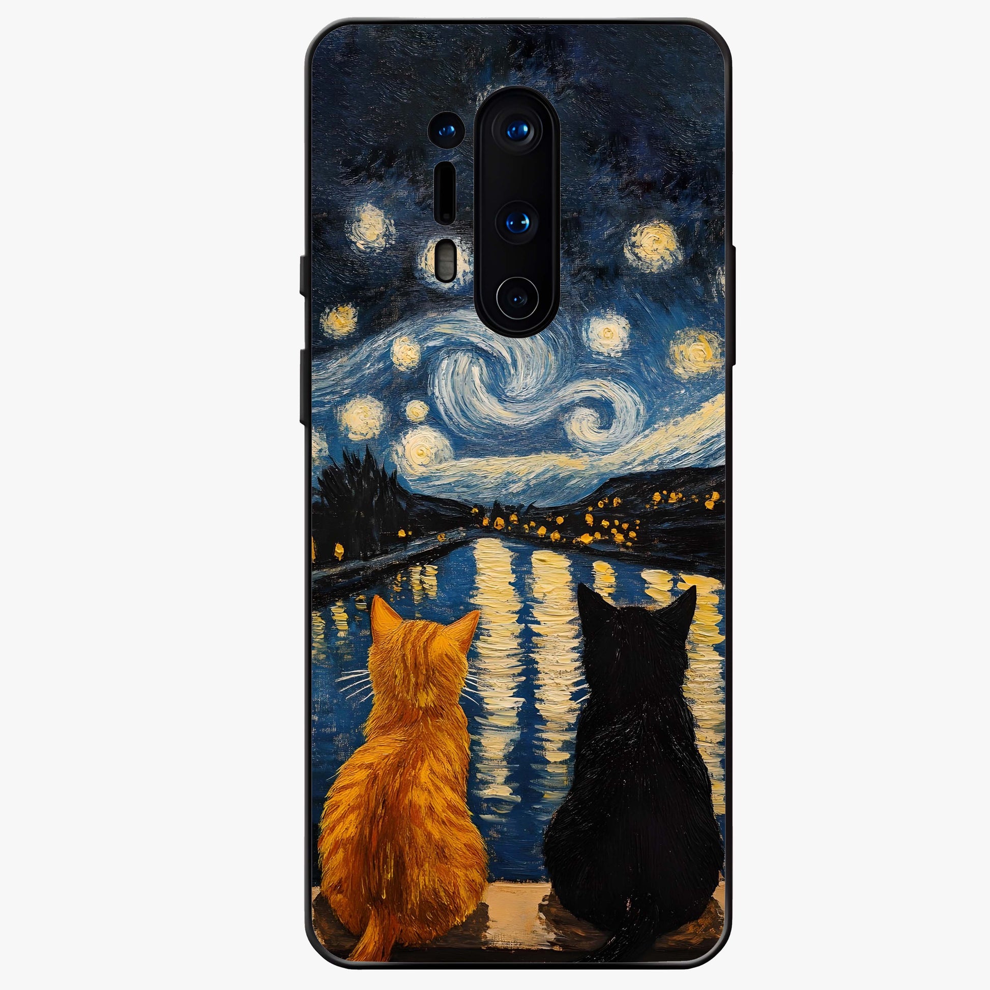 Starry River Cats Glass Case showing flat back view with cats by a starry river artwork and glossy glass finish.