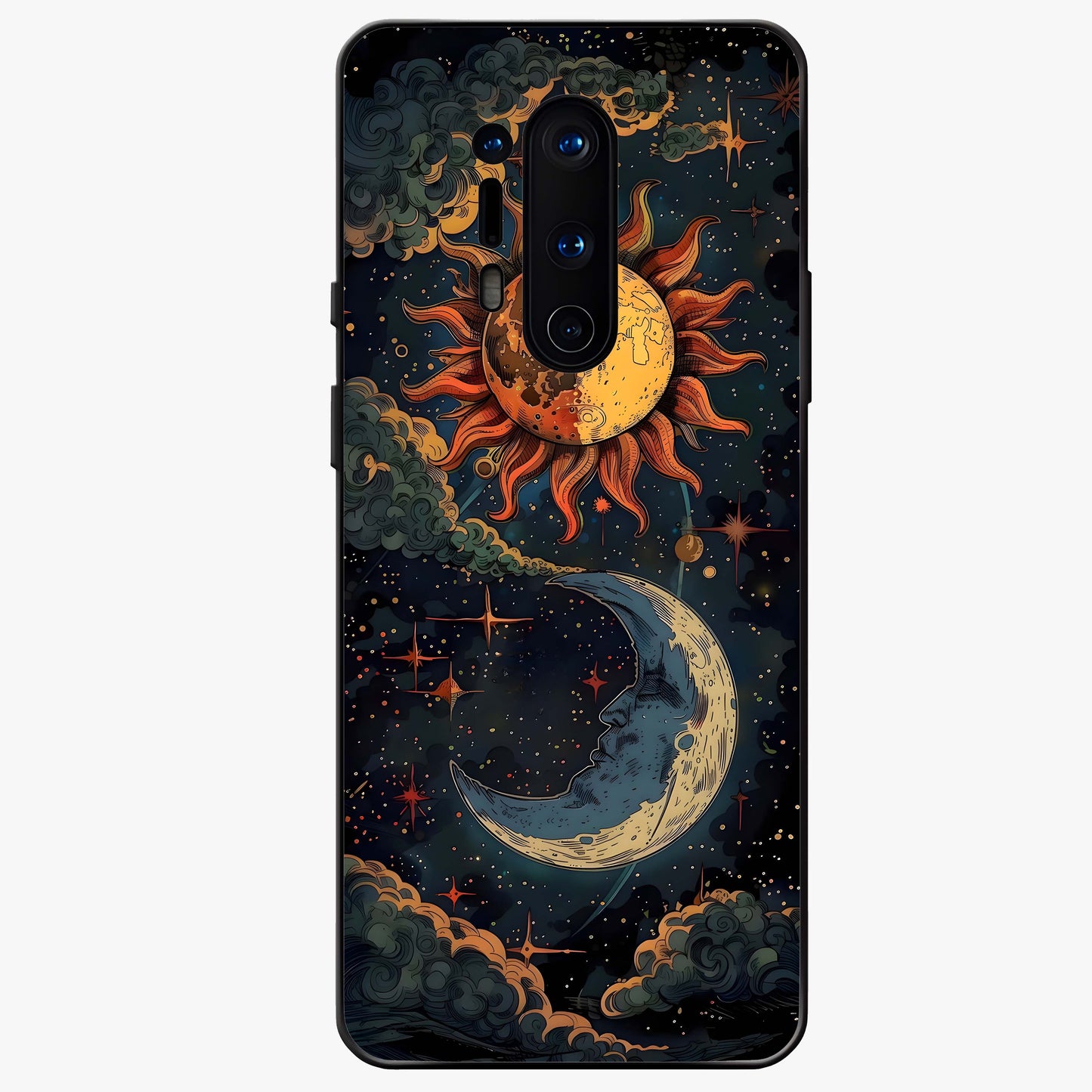 Sun And Moon Magic Design Glass Case showing flat back view with mystical sun and moon artwork and glossy glass finish.