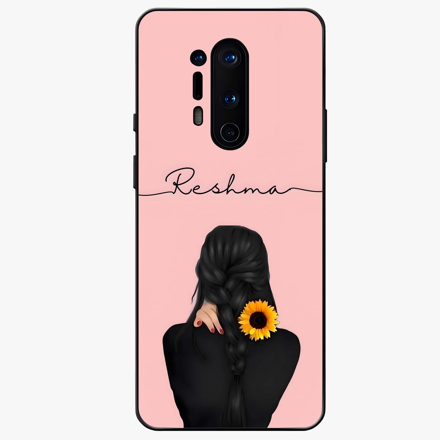 Sunflower Braid Beauty With Custom Name Glass Case showing flat back view with sunflower braid artwork and personalized name design.