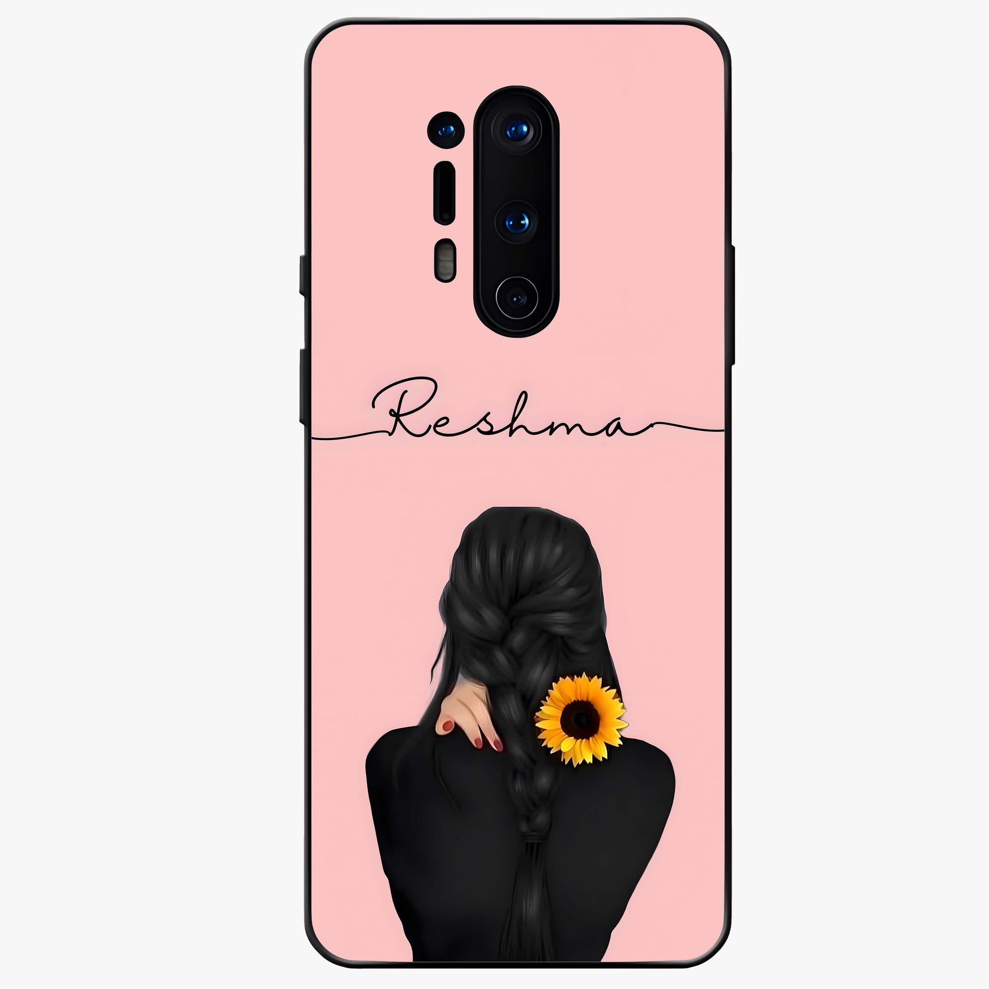 Sunflower Braid Beauty With Custom Name Glass Case showing flat back view with sunflower braid artwork and personalized name design.