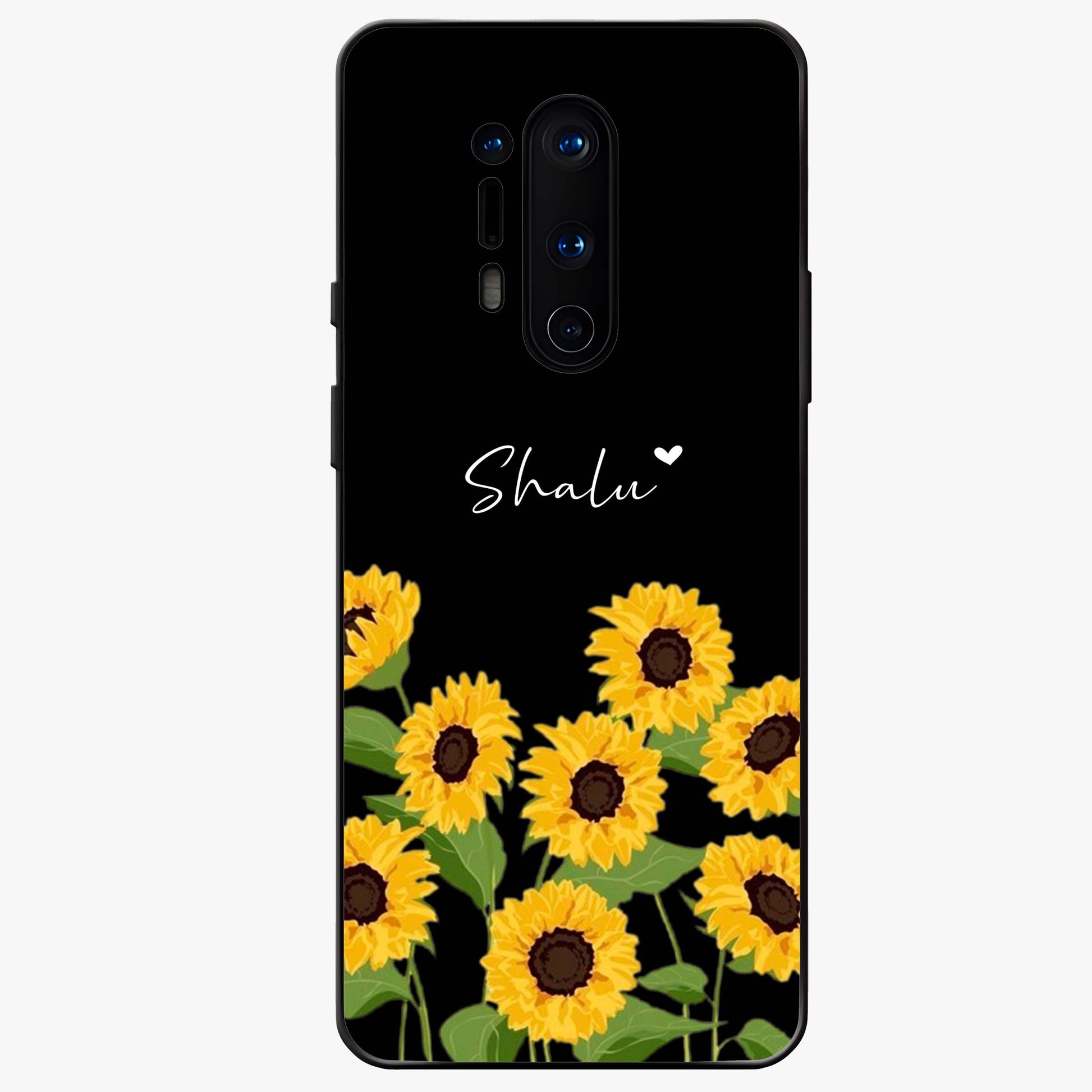 Sunflower Chic Mood Custom Name Glass Case showing flat back view with stylish sunflower artwork and personalized name design.