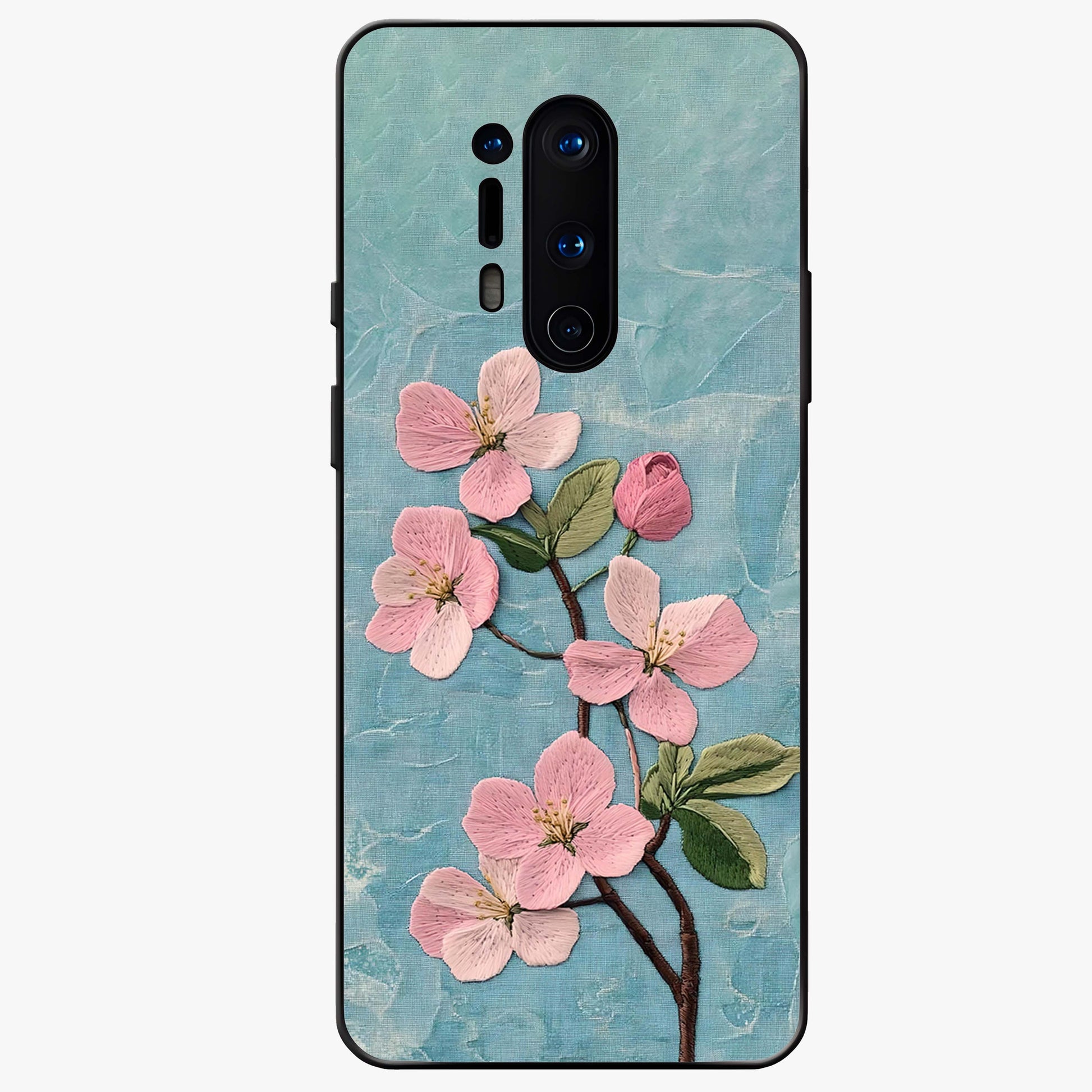 Threaded Blossom Breeze Glass Case showing flat back view with delicate blossom artwork and glossy glass finish.