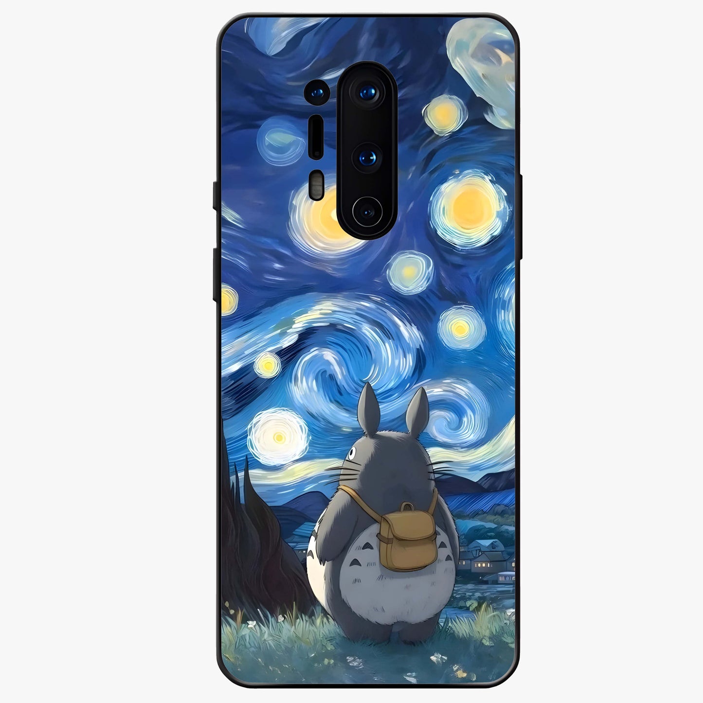 Totoro In Van Gogh Art Glass Case showing flat back view with whimsical character artwork inspired by Van Gogh style and glossy glass finish.