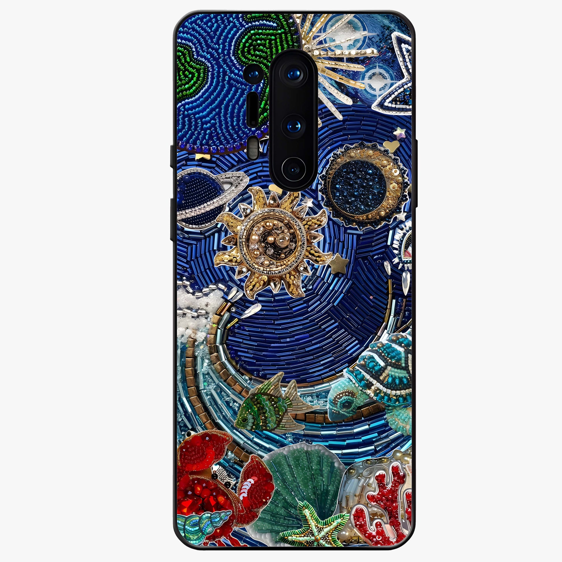 Universe Underwater Spark Glass Case showing flat back view with cosmic underwater themed artwork and glossy glass finish.
