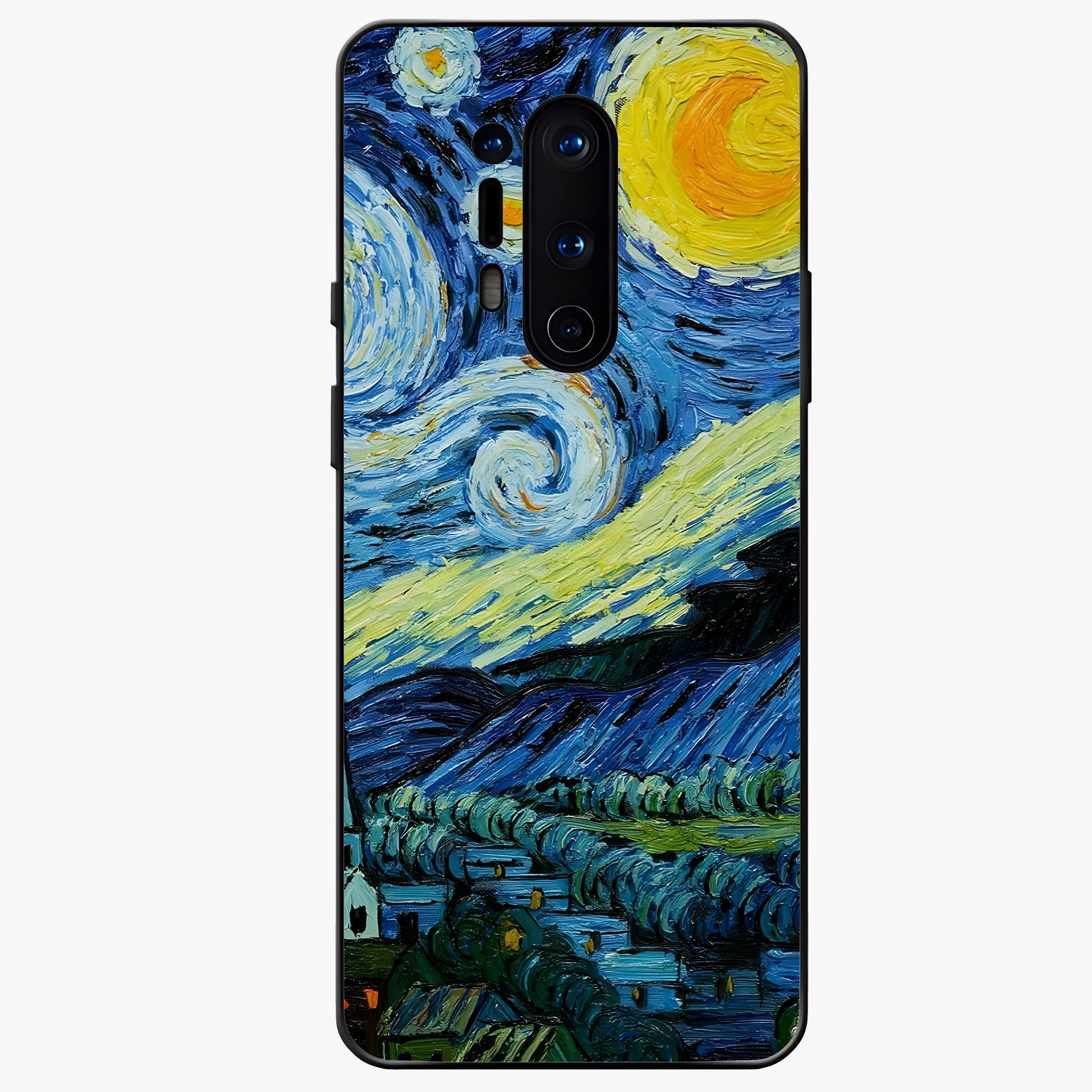 Van Gogh Art Glass Case showing flat back view with classic painterly artwork inspired by Van Gogh style and glossy glass finish.