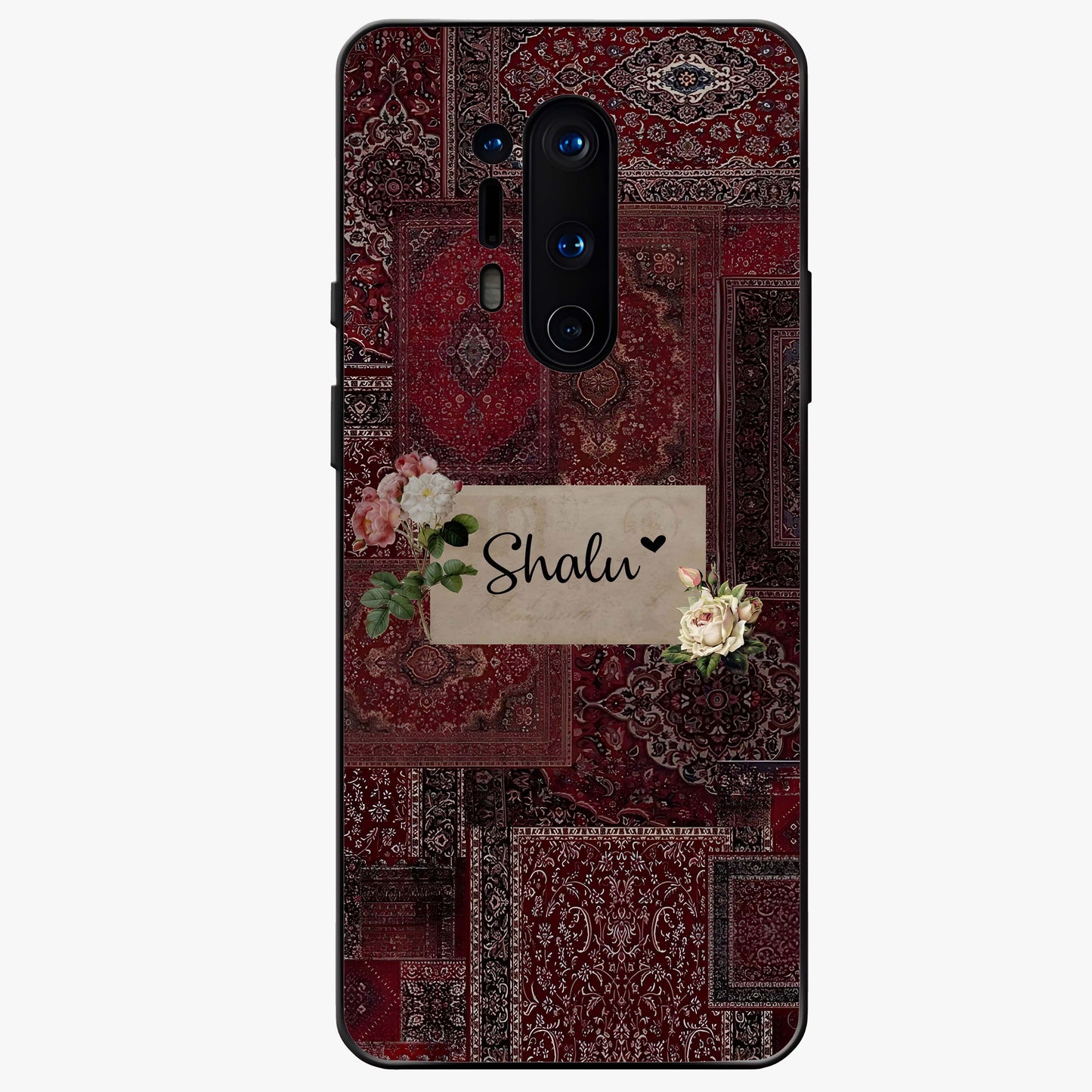 Velvet Wine Pattern Custom Name Glass Case showing flat back view with elegant wine colored pattern artwork and personalized name design.