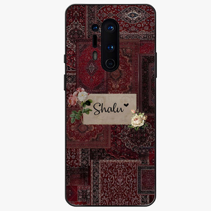 Velvet Wine Pattern Custom Name Glass Case showing flat back view with elegant wine colored pattern artwork and personalized name design.