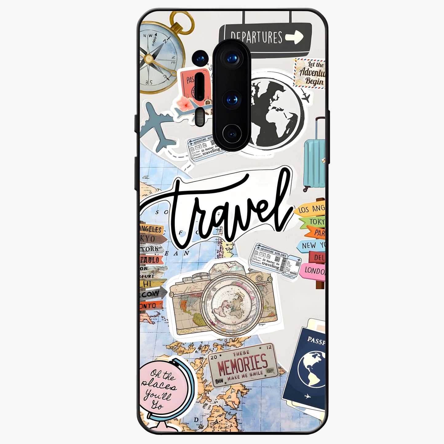 Wanderlust Journal Glass Case showing flat back view with travel inspired artwork and glossy glass finish.