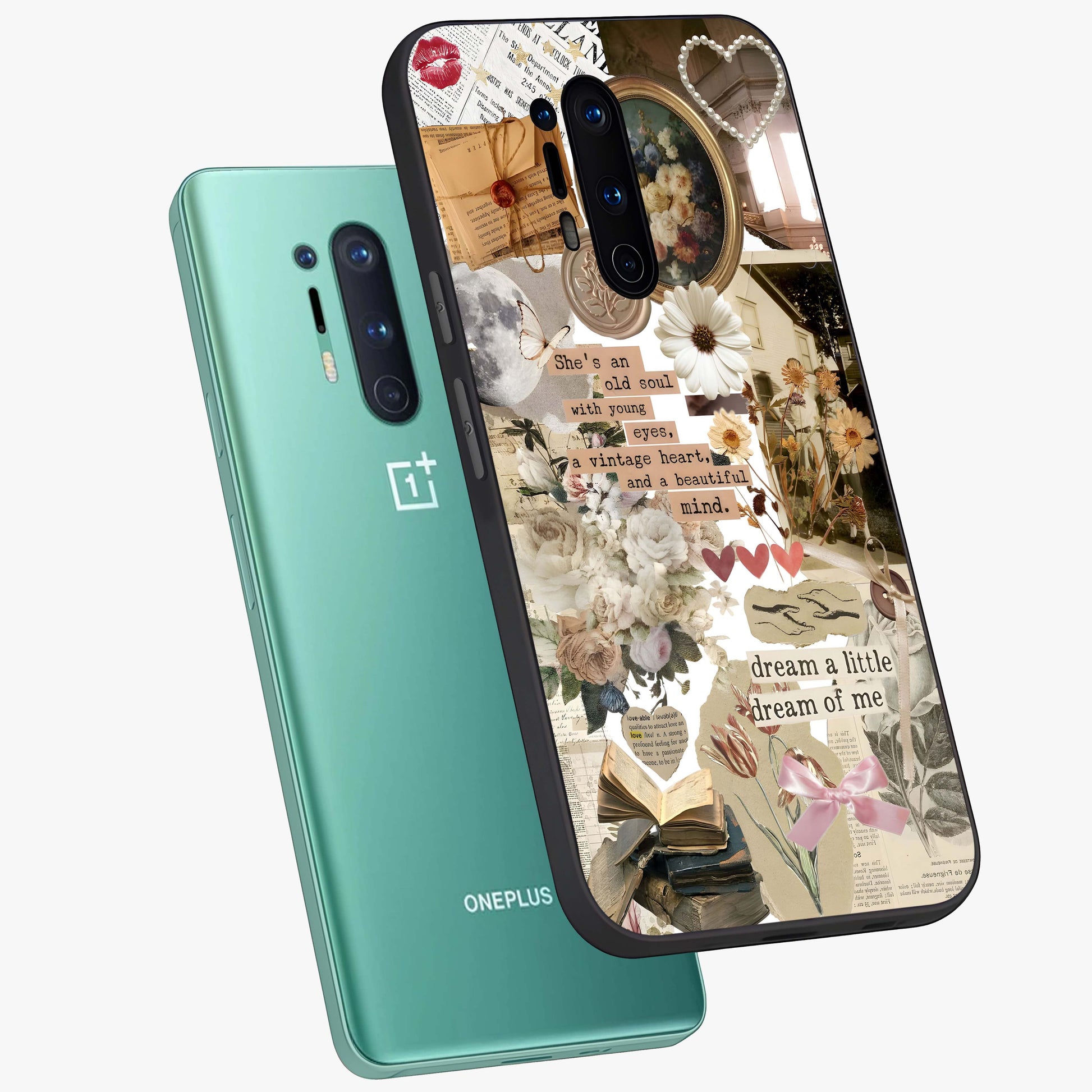 Aesthetic Brown Vintage Collage Glass Case displayed in angled mockup highlighting vintage aesthetic collage design.