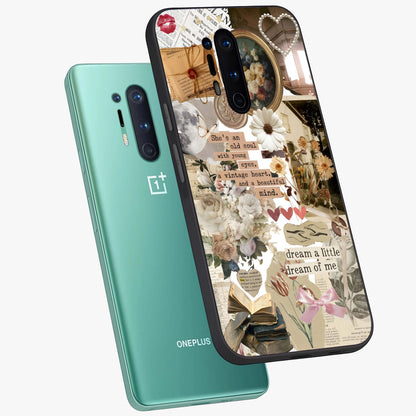 Aesthetic Brown Vintage Collage Glass Case displayed in angled mockup highlighting vintage aesthetic collage design.
