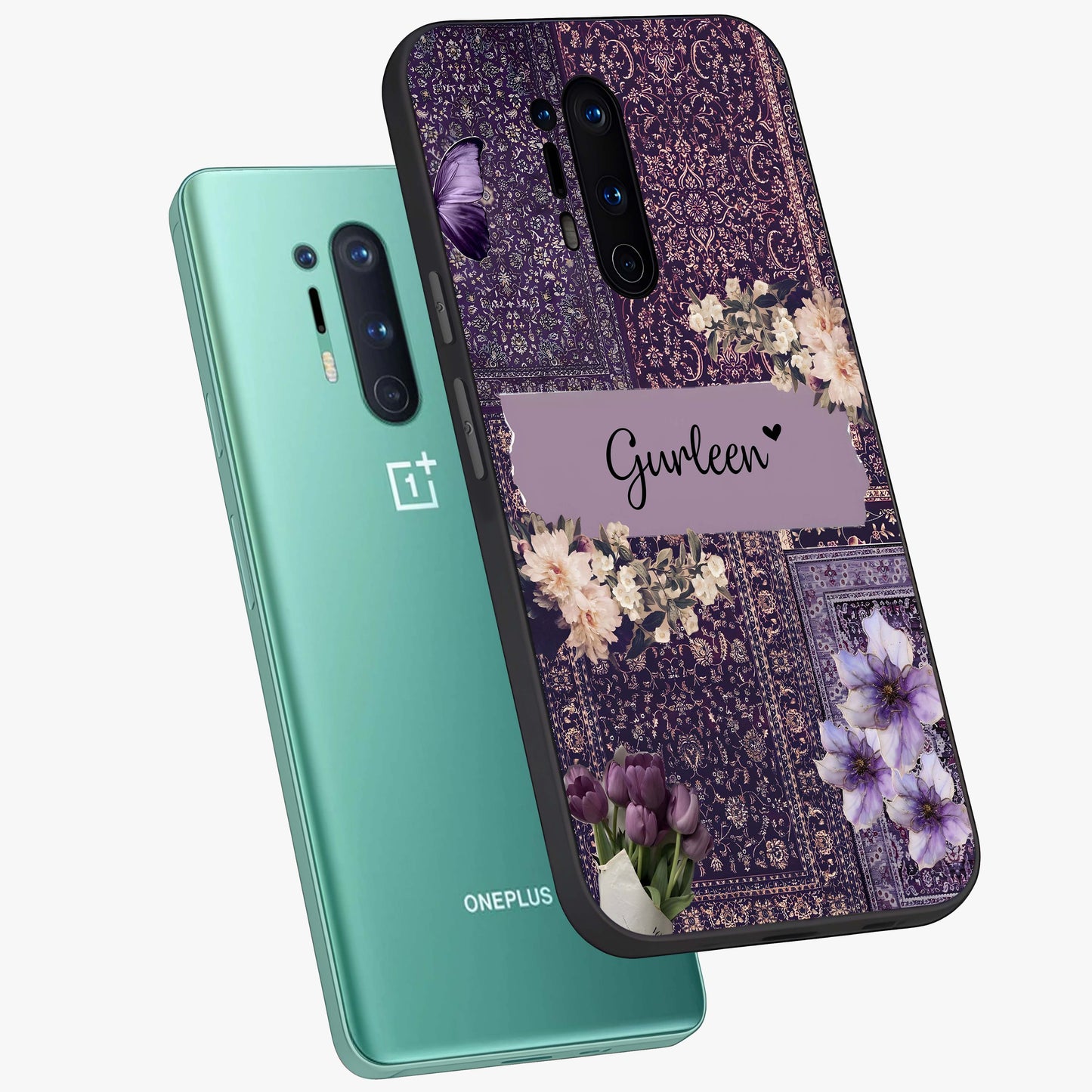 Antique Floral Whisper Custom Name Glass Case displayed in angled mockup highlighting elegant antique floral aesthetic.