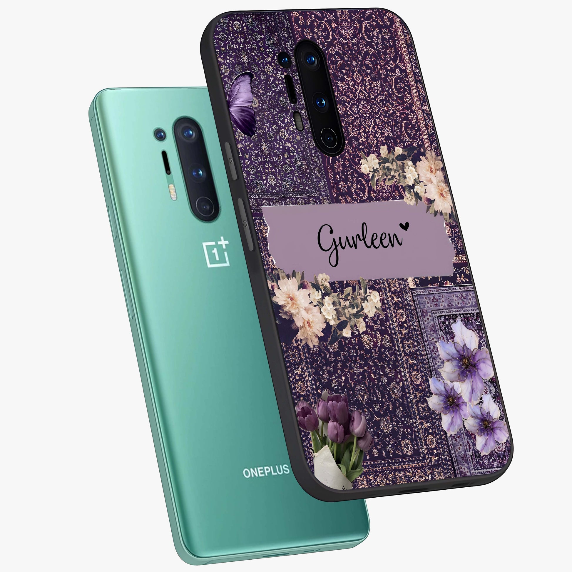 Antique Floral Whisper Custom Name Glass Case displayed in angled mockup highlighting elegant antique floral aesthetic.