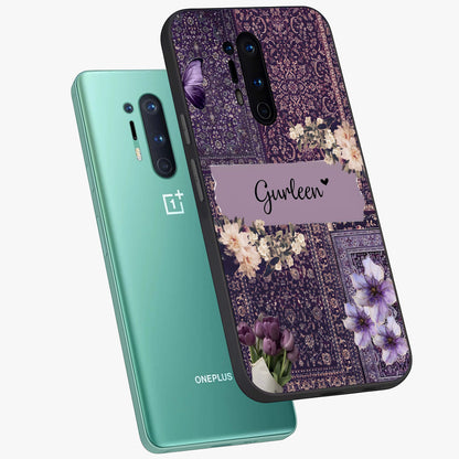 Antique Floral Whisper Custom Name Glass Case displayed in angled mockup highlighting elegant antique floral aesthetic.