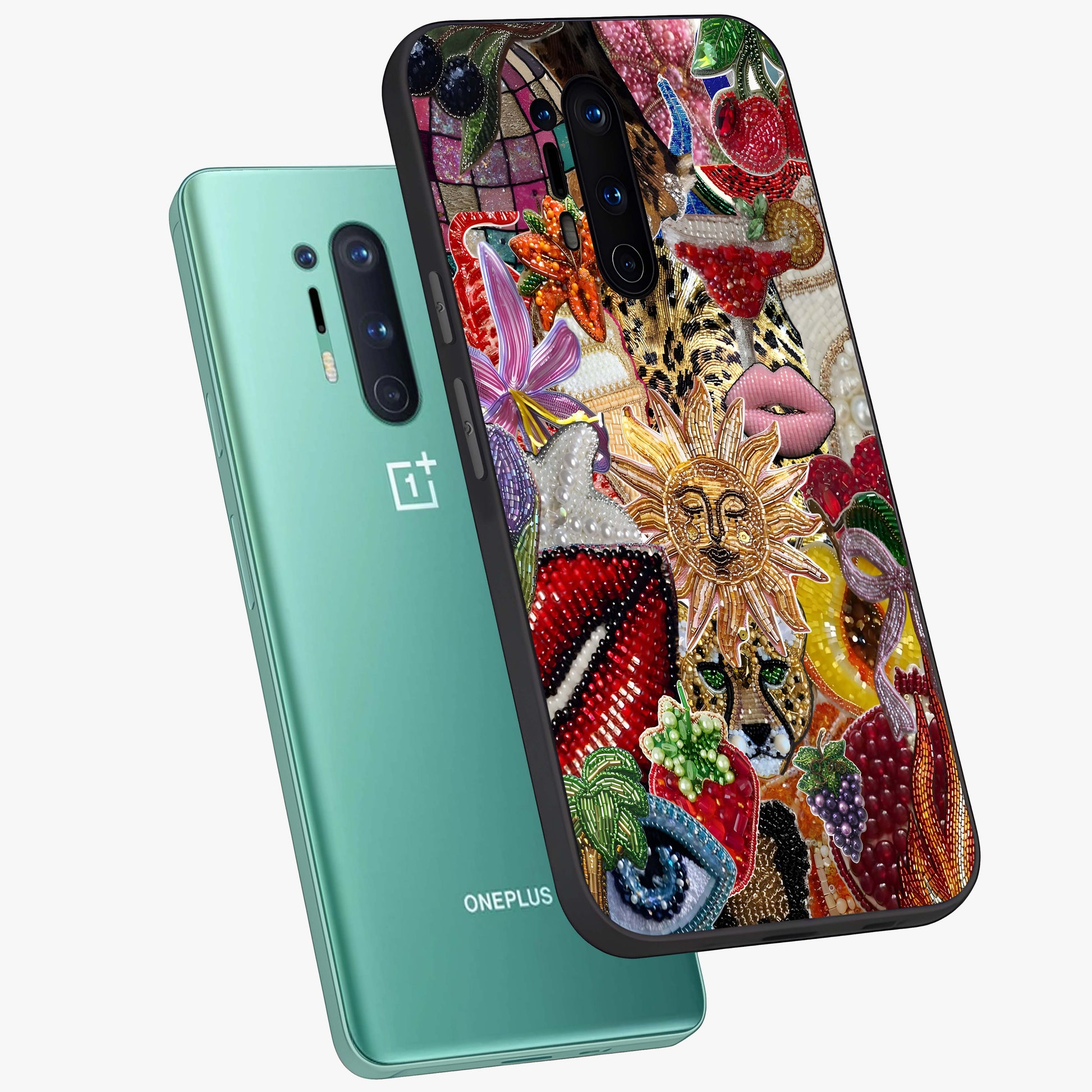 Beaded Fashion Jungle Glass Case displayed in angled mockup highlighting colorful fashion bead design and artistic pattern.