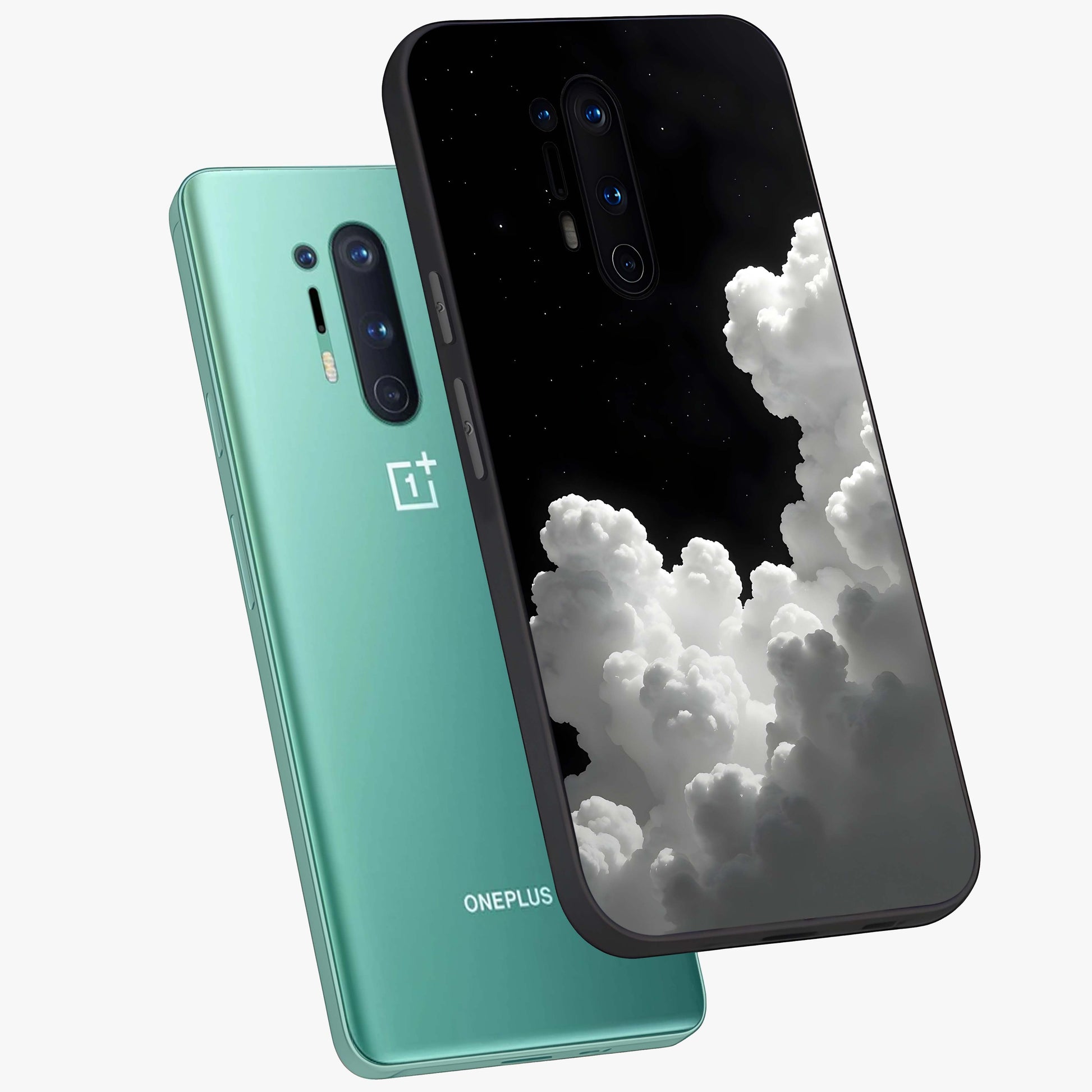 Black Background With White Cloud Glass Case displayed in angled mockup highlighting soft white cloud illustration and minimal design.