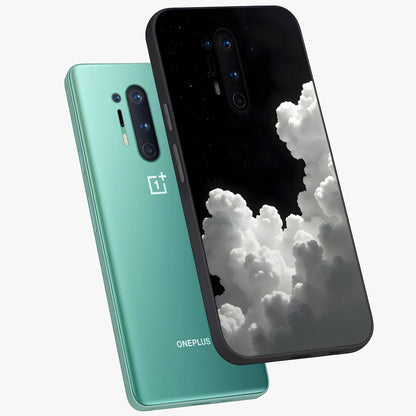 Black Background With White Cloud Glass Case displayed in angled mockup highlighting soft white cloud illustration and minimal design.
