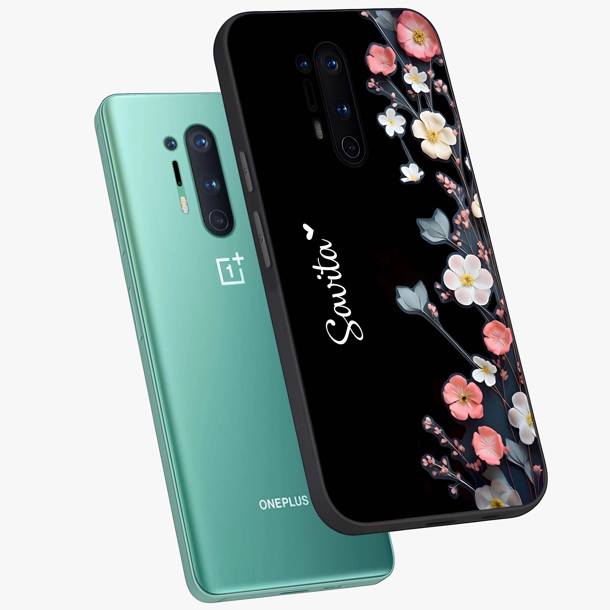 Black Elegance Floral Custom Name Glass Case displayed in angled mockup highlighting dark floral aesthetic and custom name feature.