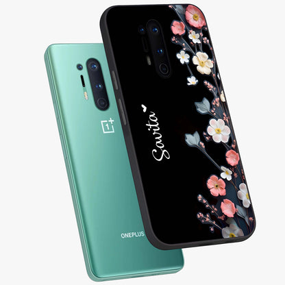 Black Elegance Floral Custom Name Glass Case displayed in angled mockup highlighting dark floral aesthetic and custom name feature.