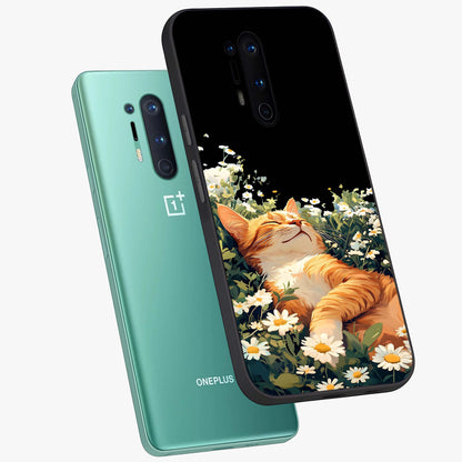 Blissful Bloom Cat Glass Case displayed in angled mockup highlighting playful feline illustration with soft floral aesthetic.