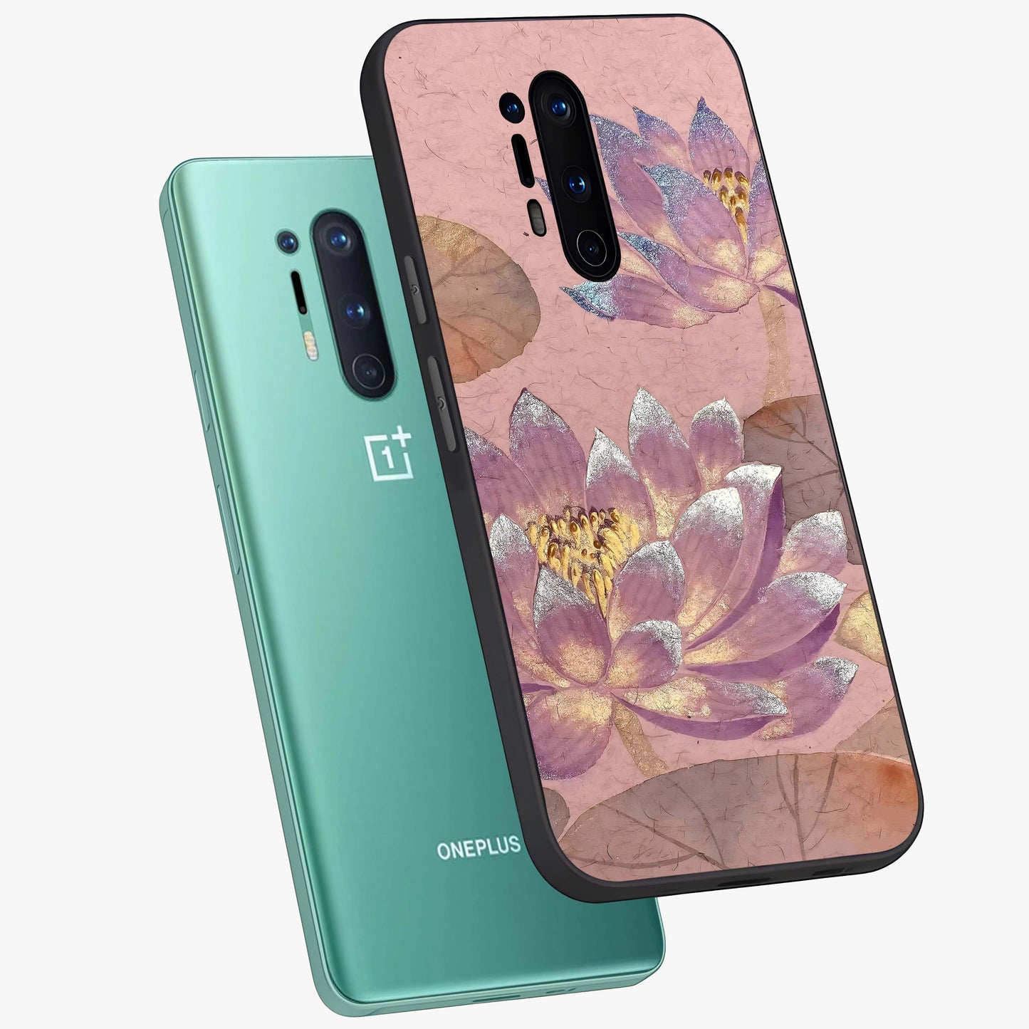 Blossom Mist Lotus Glass Case displayed in angled mockup highlighting delicate lotus illustration with calm aesthetic theme.
