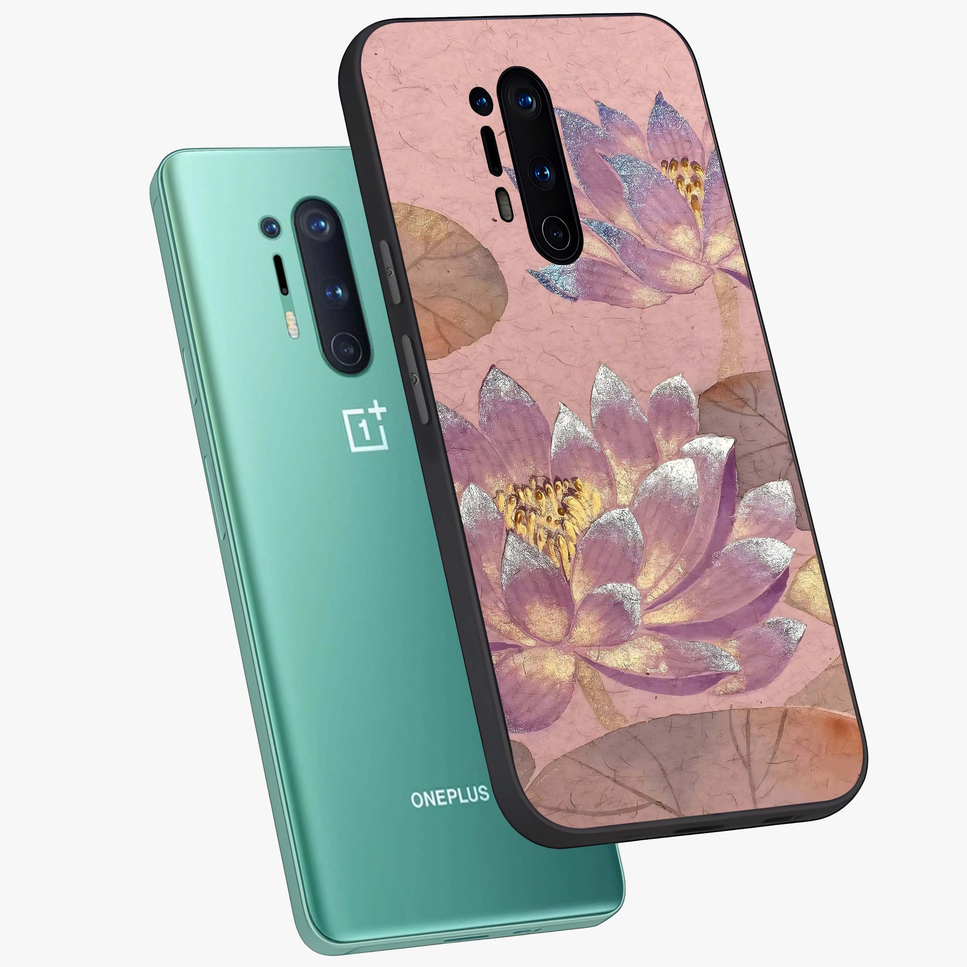Blossom Mist Lotus Glass Case displayed in angled mockup highlighting delicate lotus illustration with calm aesthetic theme.