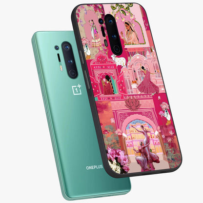 Blossoms of Rajasthan Glass Case displayed in angled mockup highlighting vibrant floral pattern with cultural aesthetic style.