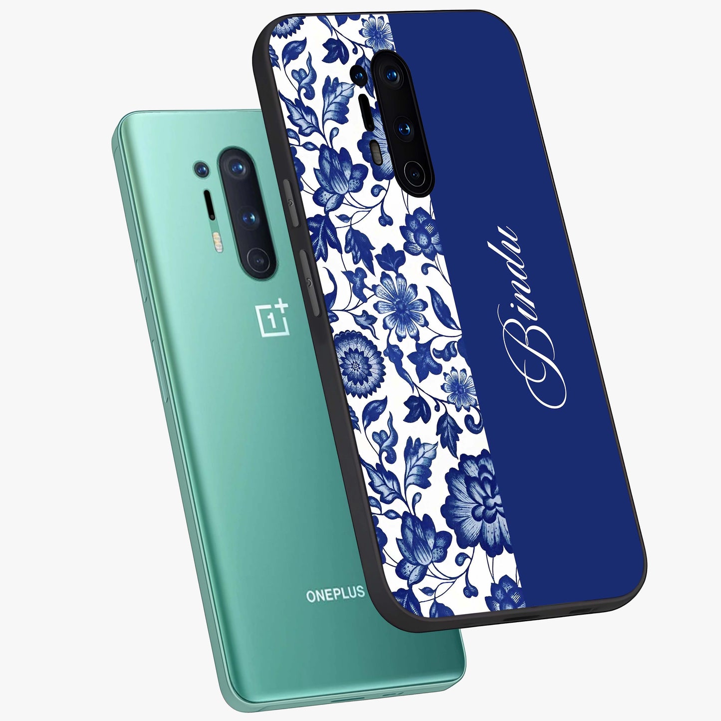 Blue Vintage Floral Pattern Glass Case displayed in angled mockup highlighting subtle bloom pattern with aesthetic pastel design.